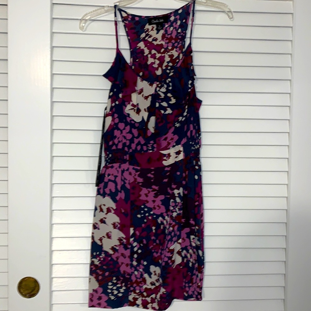 Floral print mini dress with front ruffle